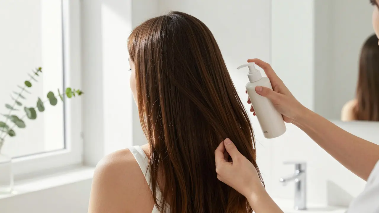 Žena aplikující regenerační sérum na konce vlasů v minimalistické koupelně.