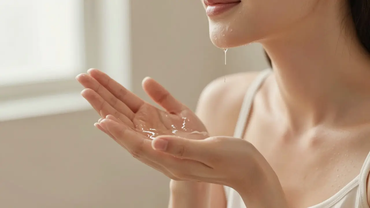 Žena nanáší hydratační tonikum vtlačovací metodou do pokožky obličeje a krku.