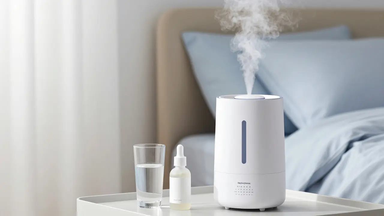Zvlhčovač vzduchu a sklenice vody v moderní světlé ložnici.