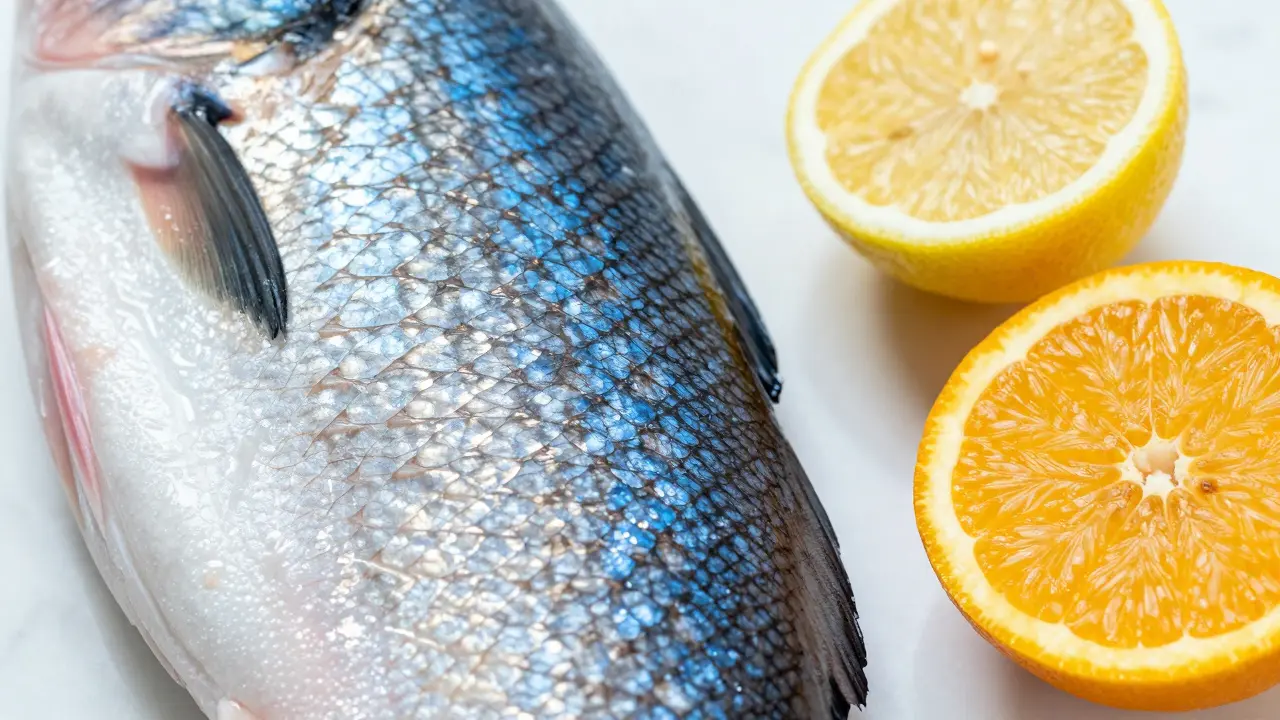 Čerstvá rybí kůže a nakrájené citrusy na bílém mramorovém pultu