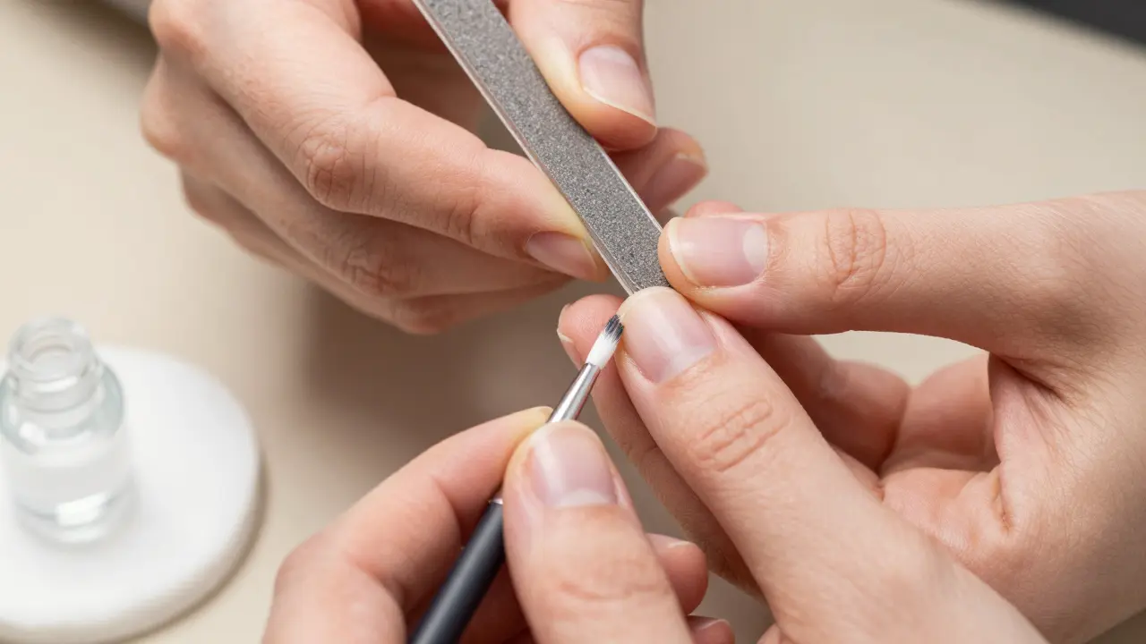 Detailní záběr pilování nehtů a čištění pod nehty kartáčkem