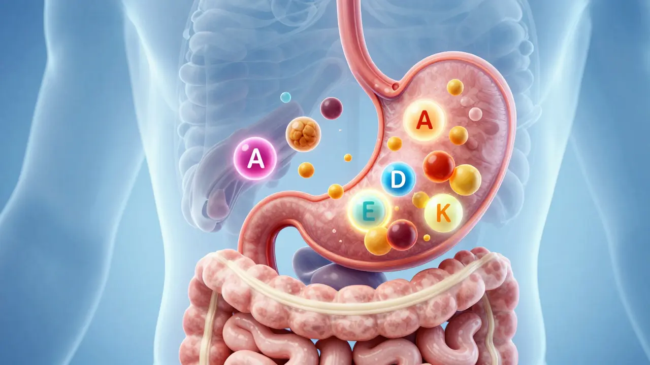 Ilustrace vstřebávání vitamínů rozpustných v tucích v trávicím traktu