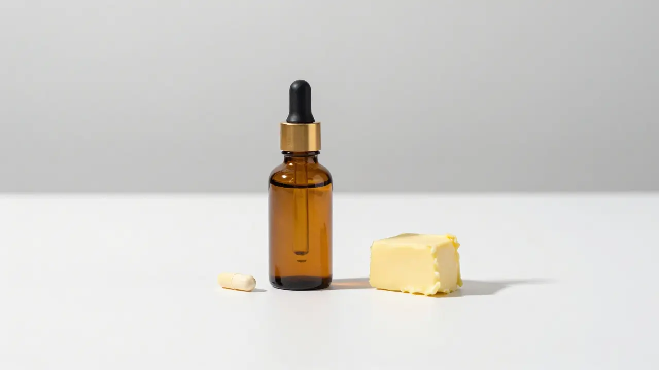 Kapky doplňku stravy vitamín D3 vedle tukové potraviny