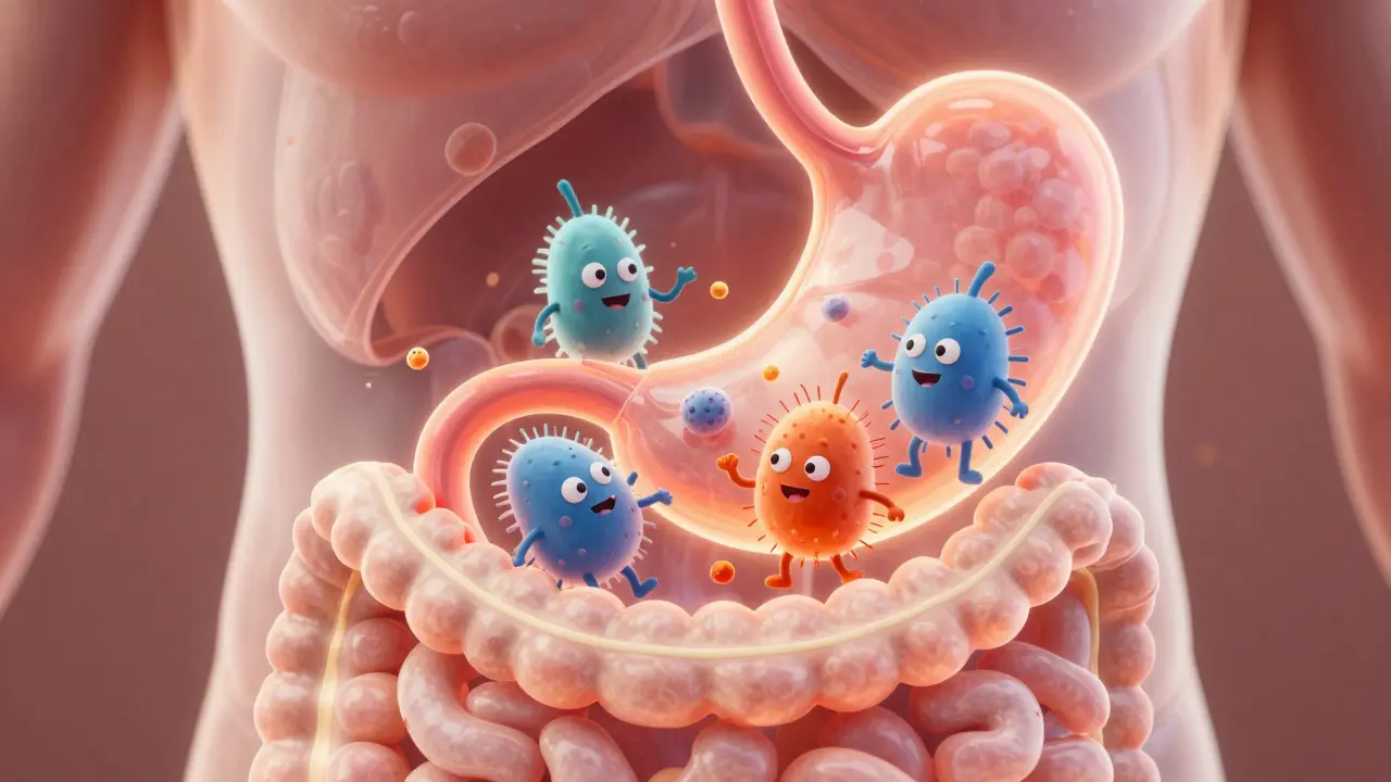 Konceptuální ilustrace zdravého střevního mikrobiomu s přátelskými bakteriemi.