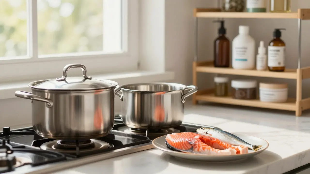 Kuchyně s bezpečným nádobím a zdravým jídlem