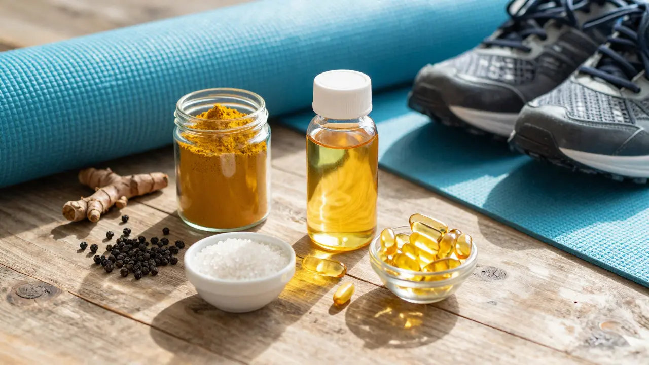 Přírodní doplňky stravy jako kurkuma a omega-3 na stole