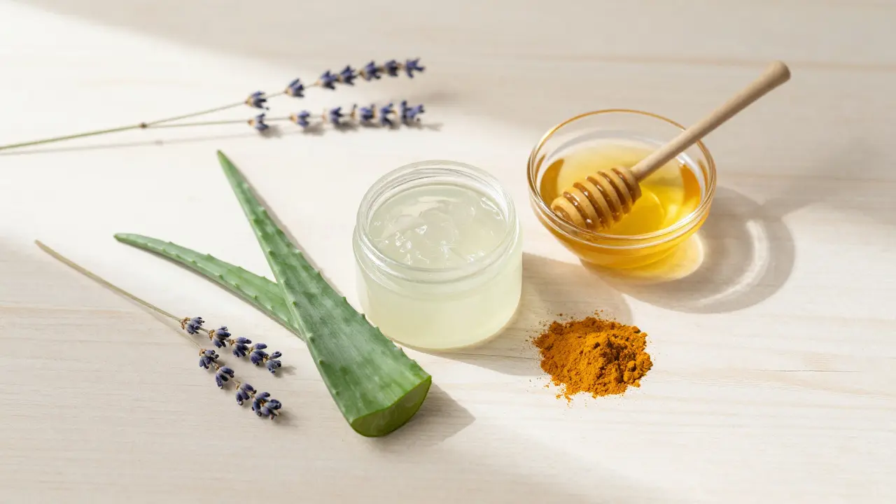 Přírodní ingredience pro domácí masky: gel aloe vera, med a kurkuma