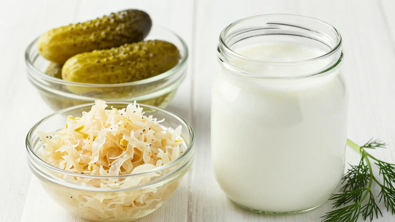 Sklenice kefíru a fermentovaná zelenina