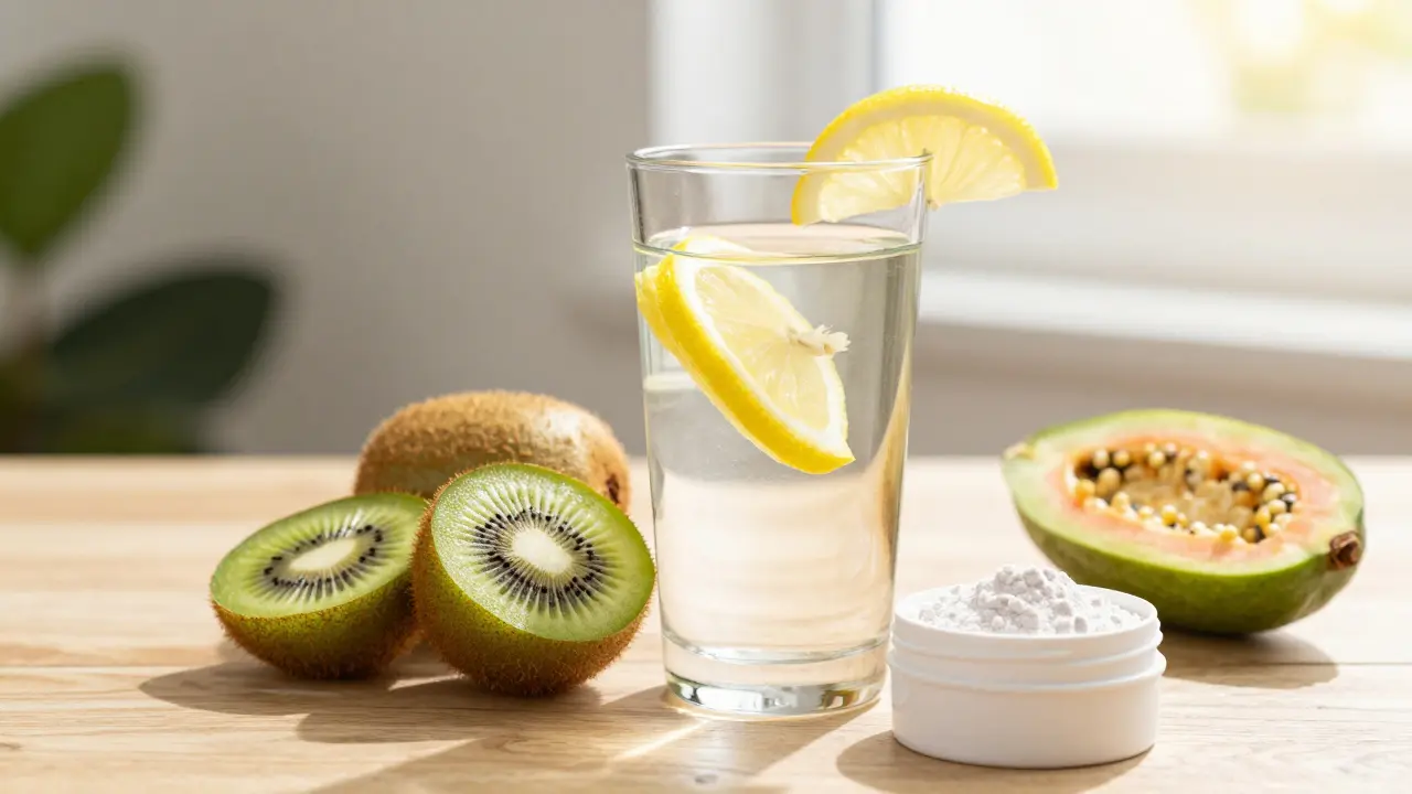 Sklenice vody s citronem a vitamínem C vedle prášku z mořského kolagenu