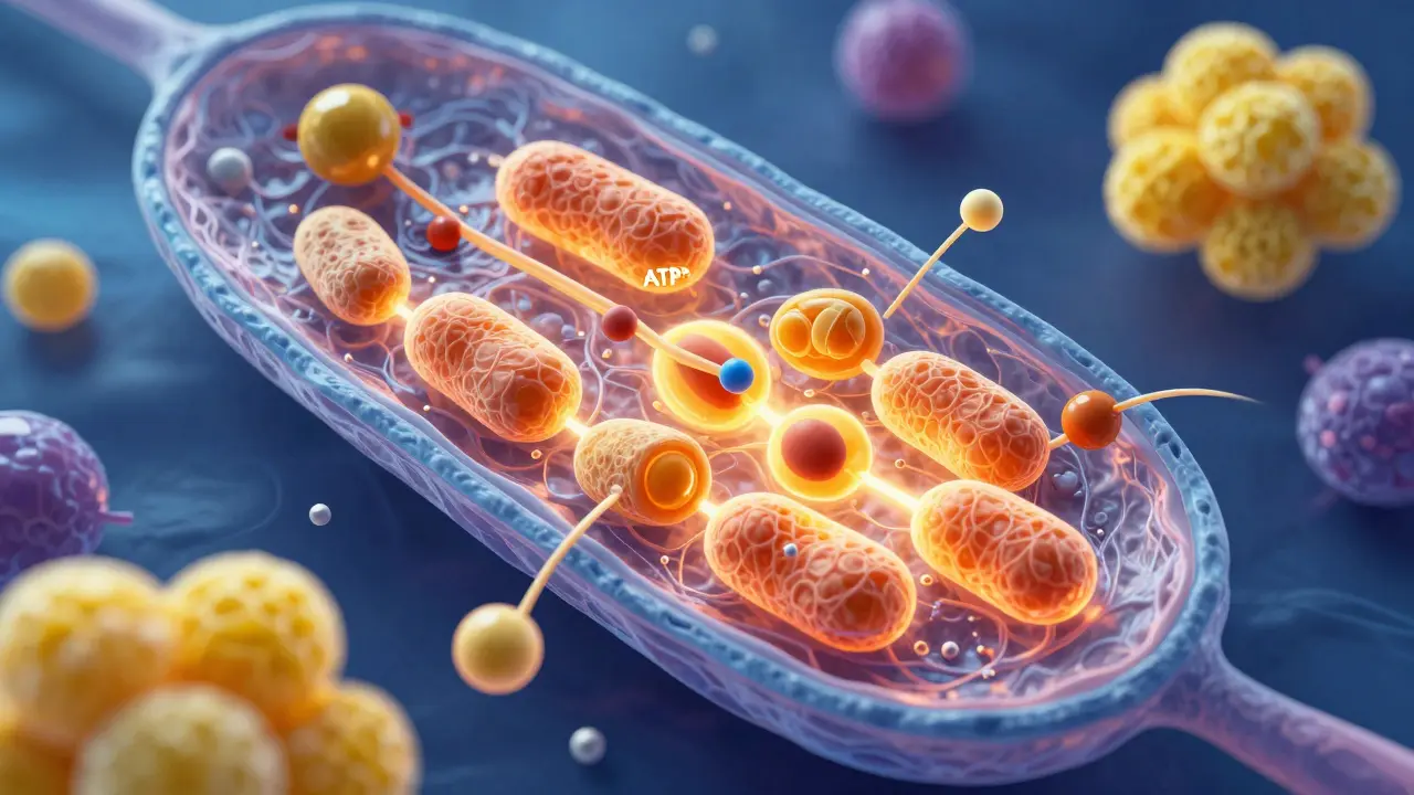 Vědecká ilustrace buněčného metabolismu s vitamíny D3 a B-komplexem
