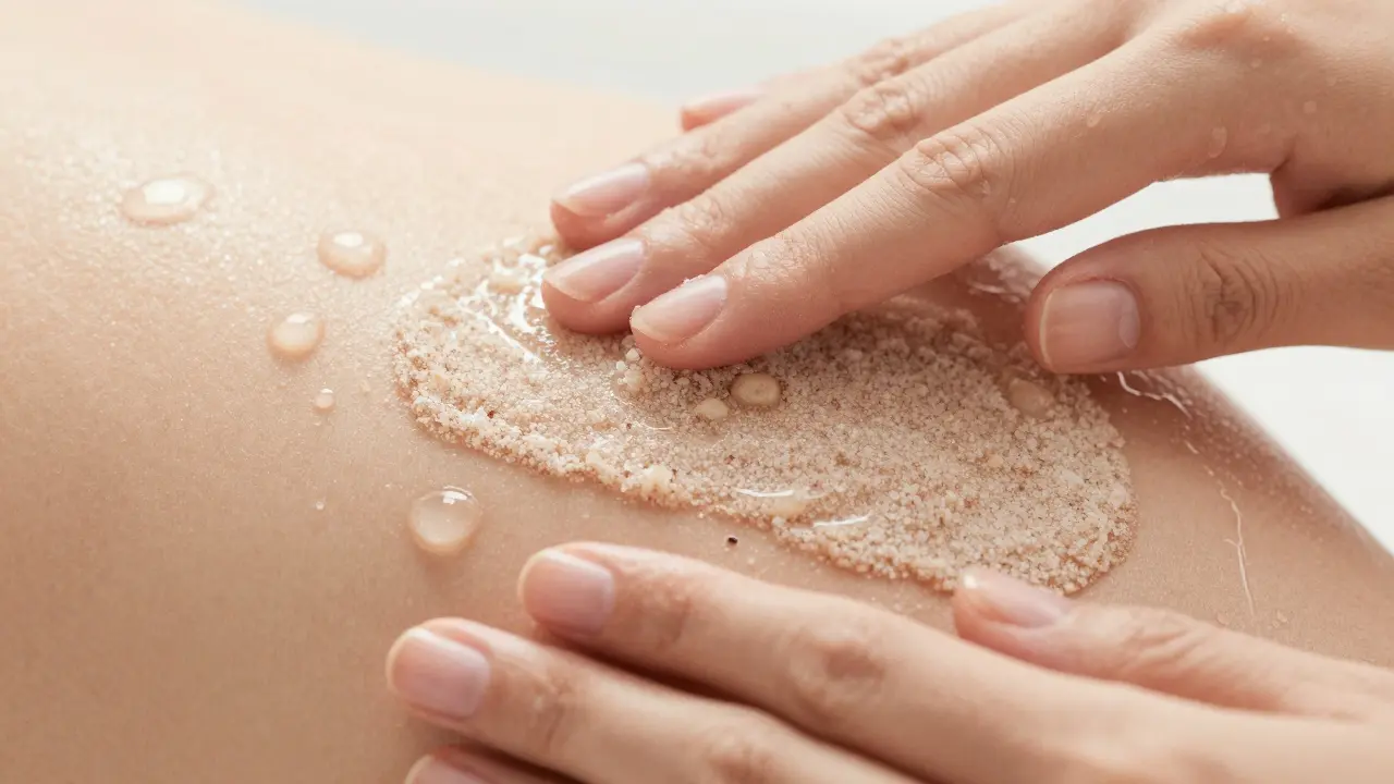 Záběr ruky aplikující jemný peeling na vlhkou kůži