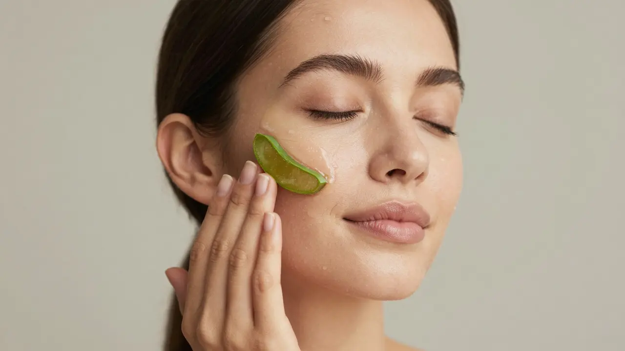 Žena aplikující hydratační gel aloe vera na zářivou pleť