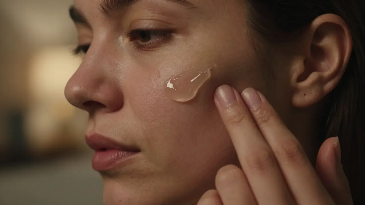 Žena nanáší sérum s retinolem večer, detail pleti v adaptaci.