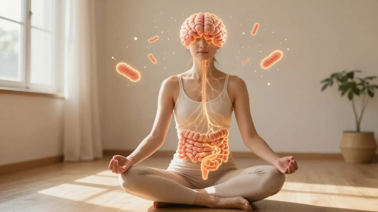Žena v meditaci s vizualizací spojení střev a mozku