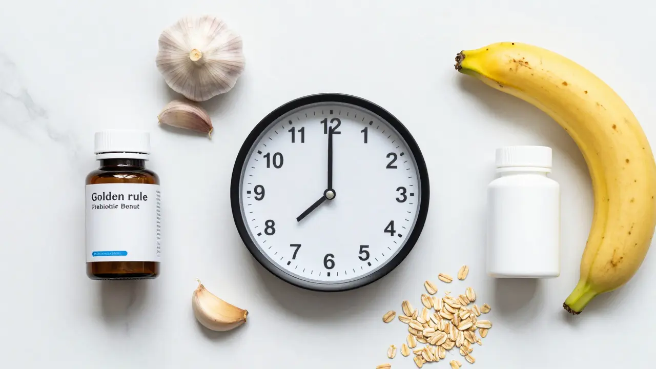 Antibiotika a probiotika oddělená hodinami ukazujícími časový odstup