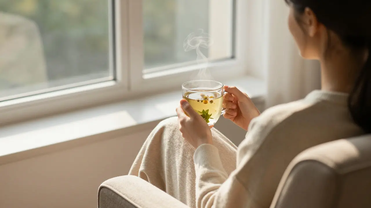 Osoba odpočívající u okna s hrnkem bylinného čaje v klidné atmosféře