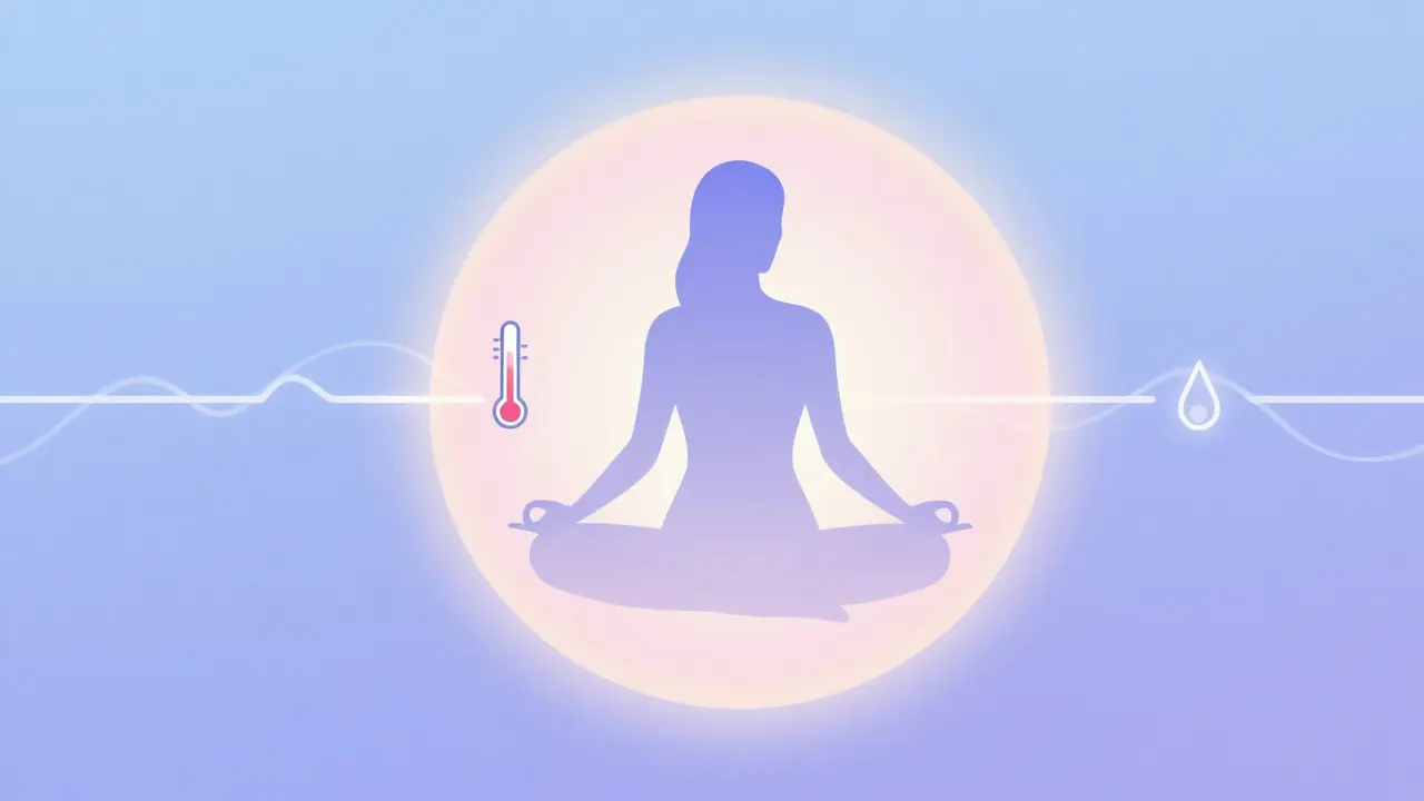 Žena v meditaci s vizuálními prvky cyklu