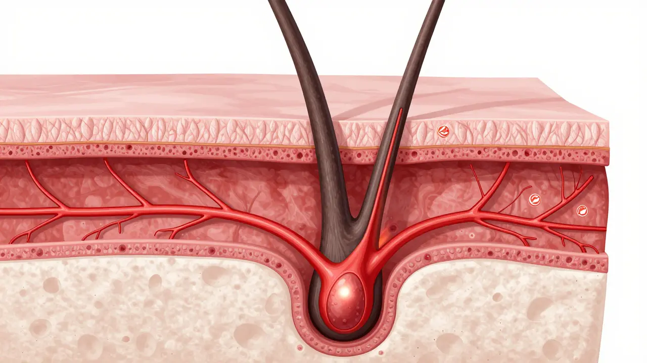 3D ilustrace anatomie vlasového folikulu a krevního oběhu