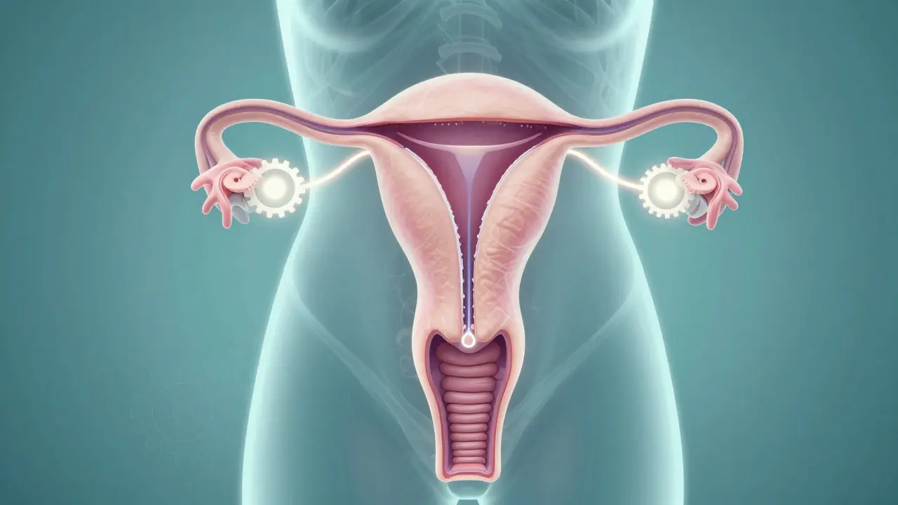 Abstraktní ilustrace ženského reprodukčního systému a hormonální rovnováhy