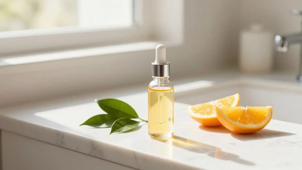 Bílá lahvička s vitaminem C v ranním světle