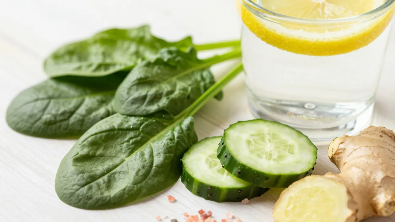 Čerstvá zelenina a citronová voda pro detoxikaci těla