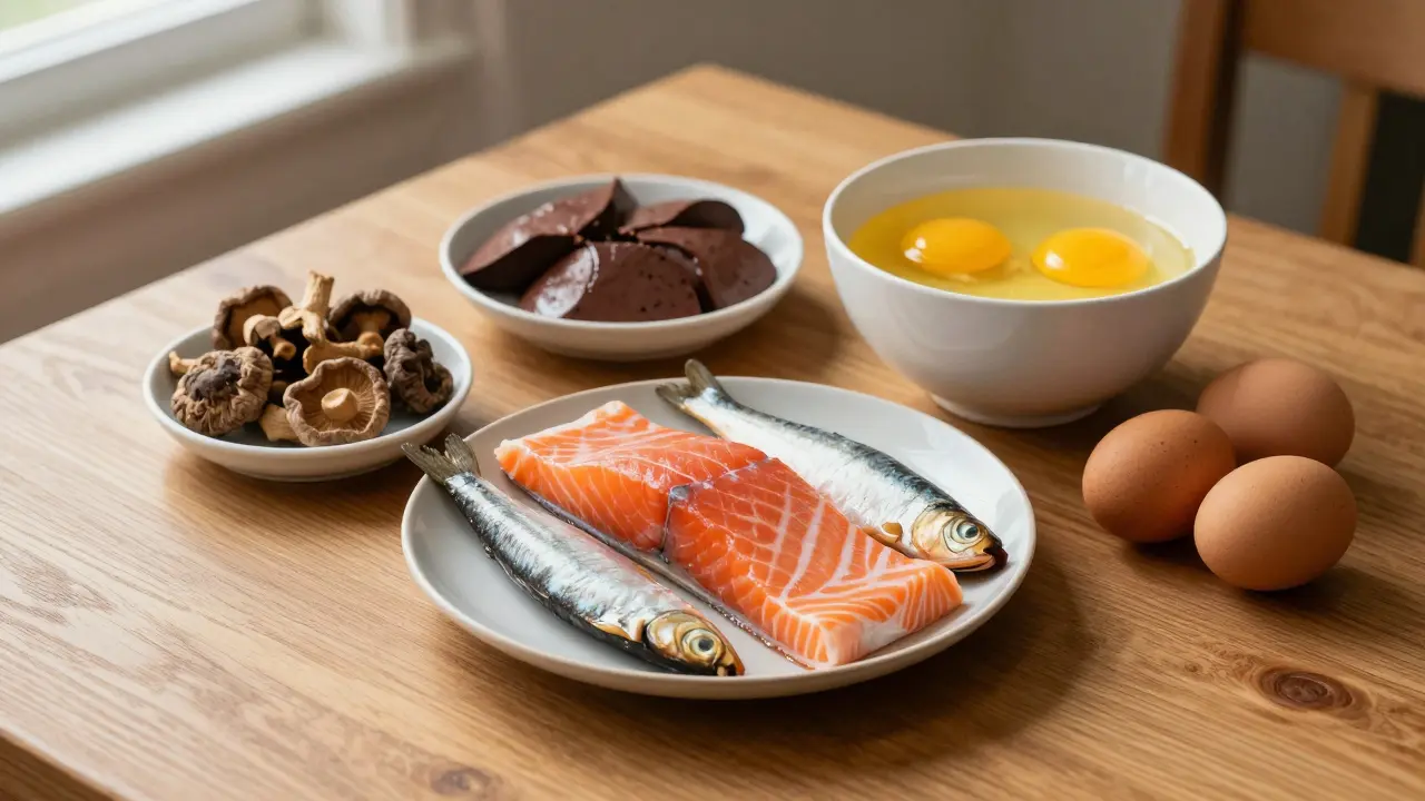 Deska s lososem, vejci a houbami bohatými na vitamín D