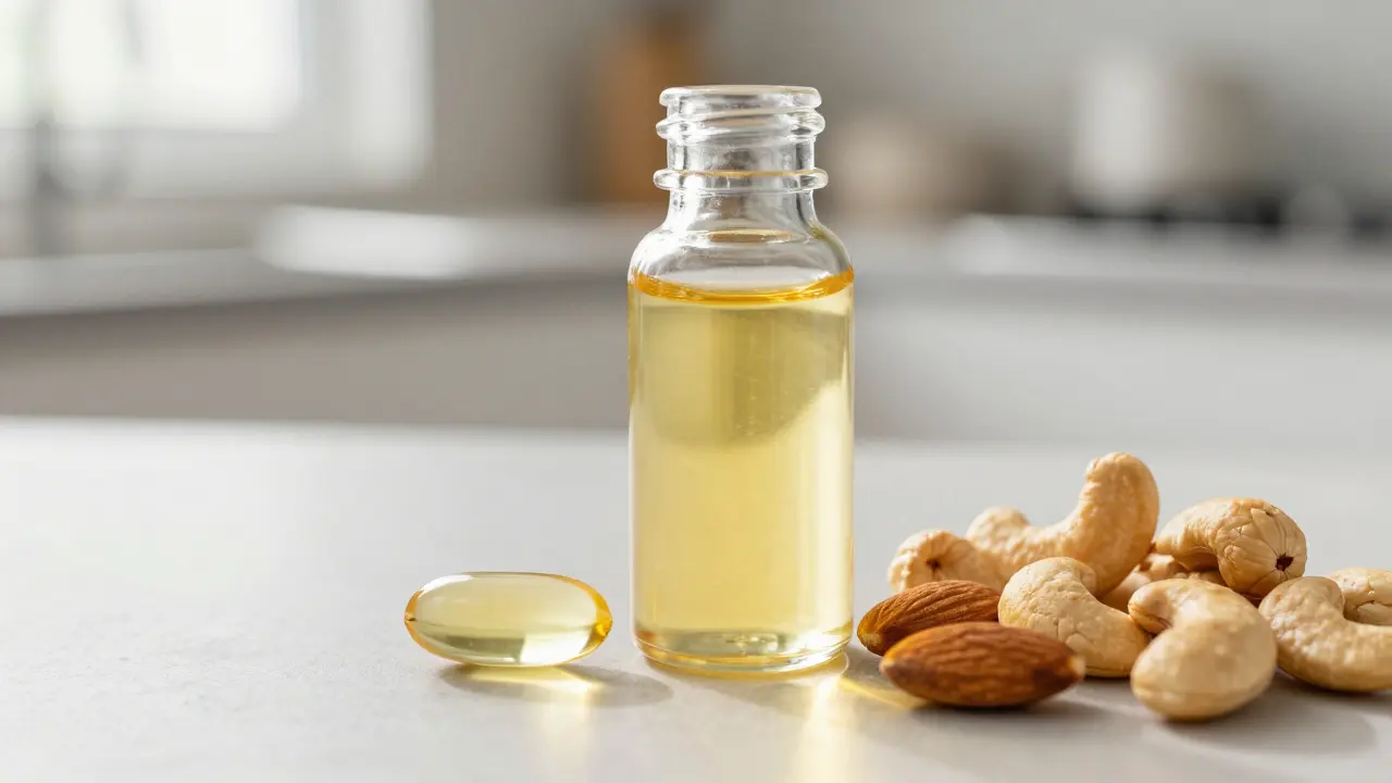 Kapky vitamínu D3 a ořechy na kuchyňské desce