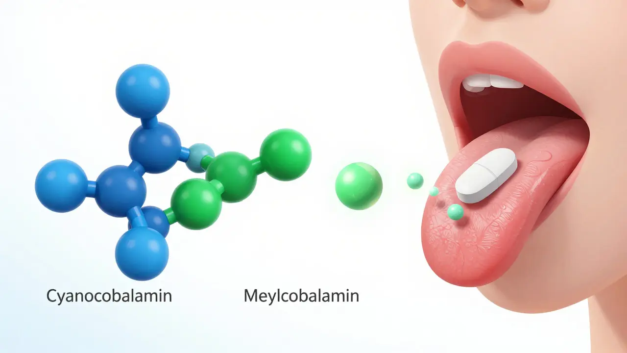 Konceptuální ilustrace vstřebávání methylkobalaminu a cyanokobalaminu