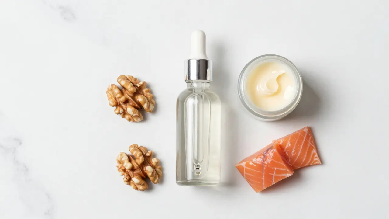 Kosmetické sérum, krém a potraviny bohaté na omega-3 na mramorovém podkladu.