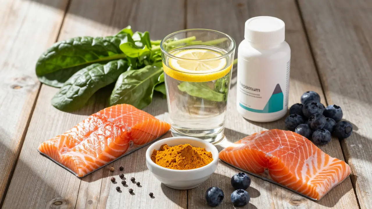 Protizánětlivé potraviny jako losos, kurkuma a vitamin C na stole
