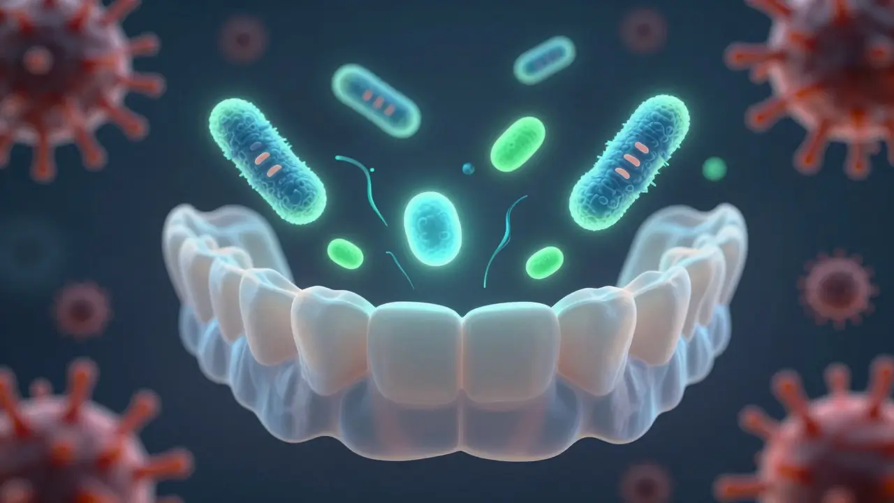 Abstraktní ilustrace obnovení rovnováhy bakterií v ústech pomocí probiotik