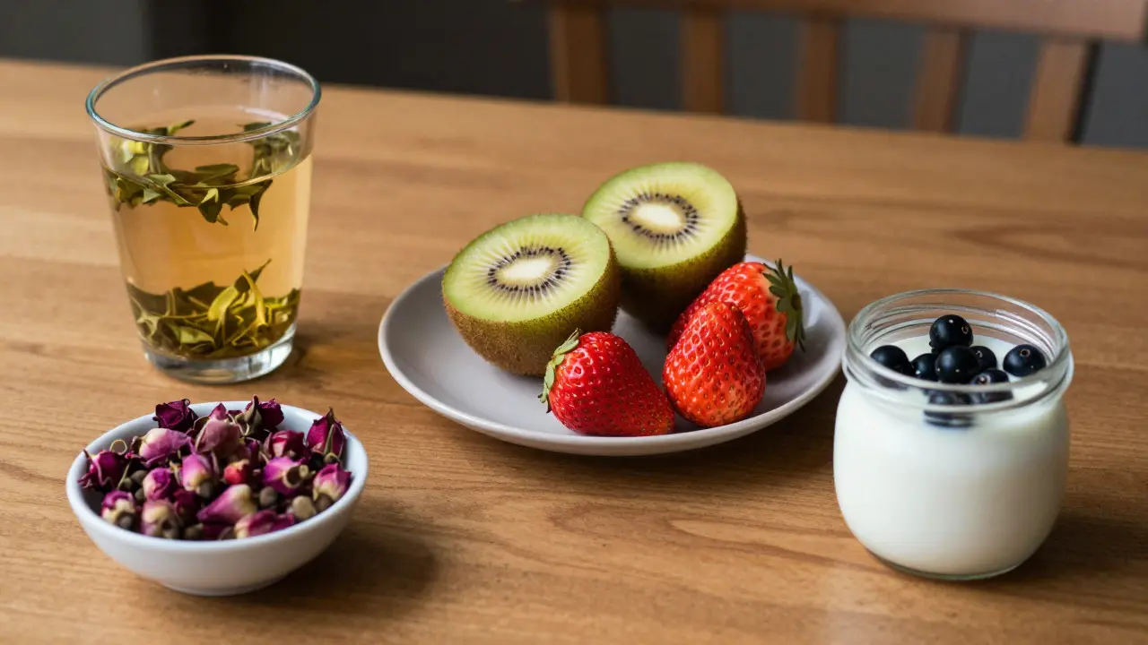 Denní přehled potravin bohatých na vitamin C: zelený čaj, šípky a ovoce