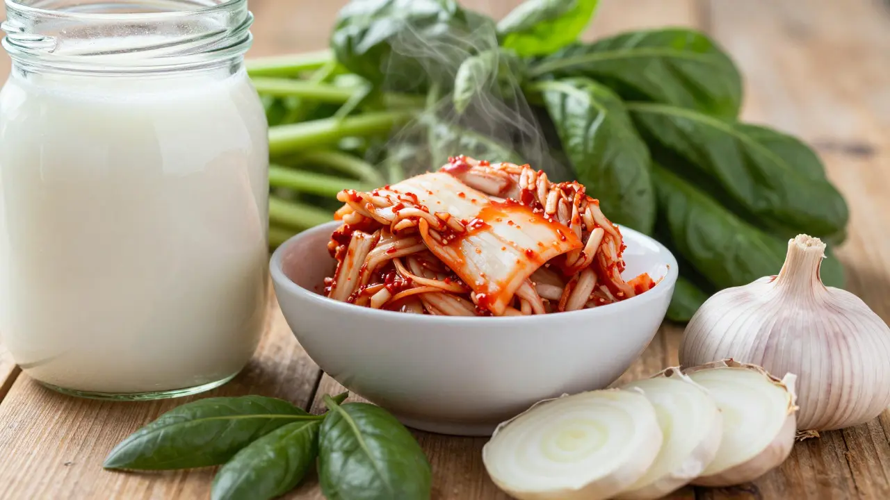 Fermentované potraviny jako kefír a kimchi na dřevěném stole