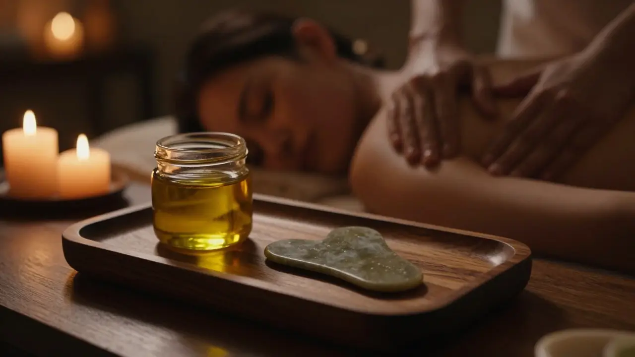Gua sha kámen a olej na dřevěném podnosu ve světle svíček