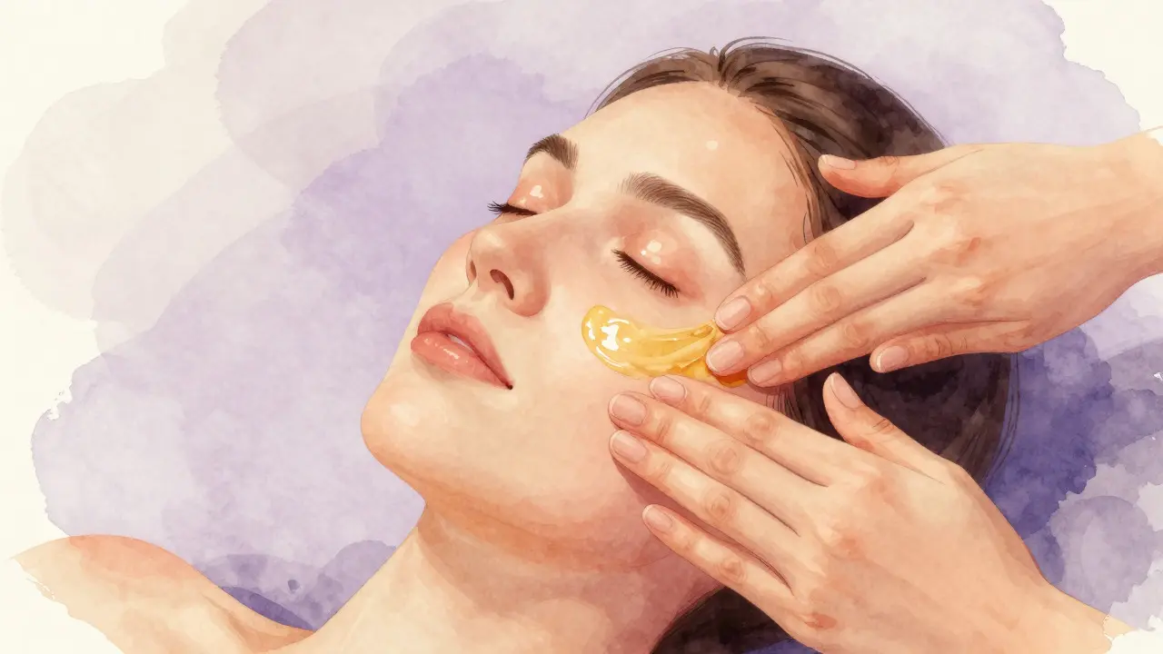 Ilustrace jemné masáže obličeje prsty s použitím oleje
