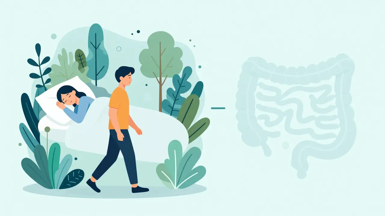Konceptuální ilustrace vlivu spánku a pohybu na zdraví střevního mikrobiomu