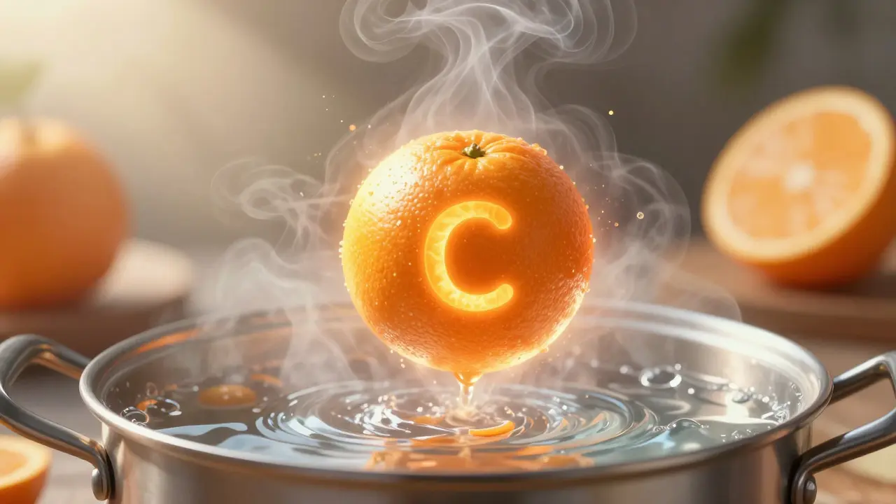 Konceptuální ilustrace ztráty vitamínu C při vaření a vystavení světlu