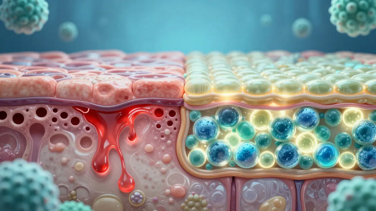 Microscopic comparison of damaged vs healthy skin barrier
