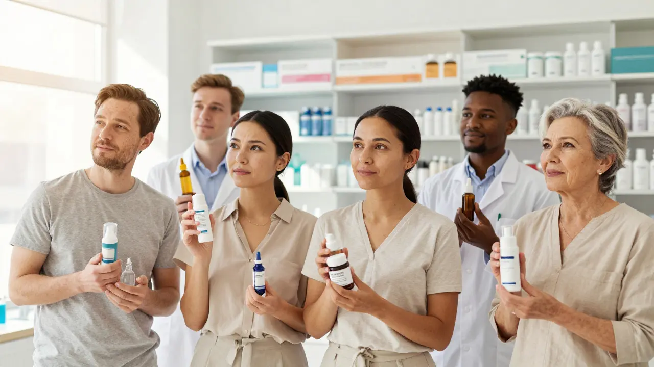 People with healthy skin holding skincare products in a pharmacy