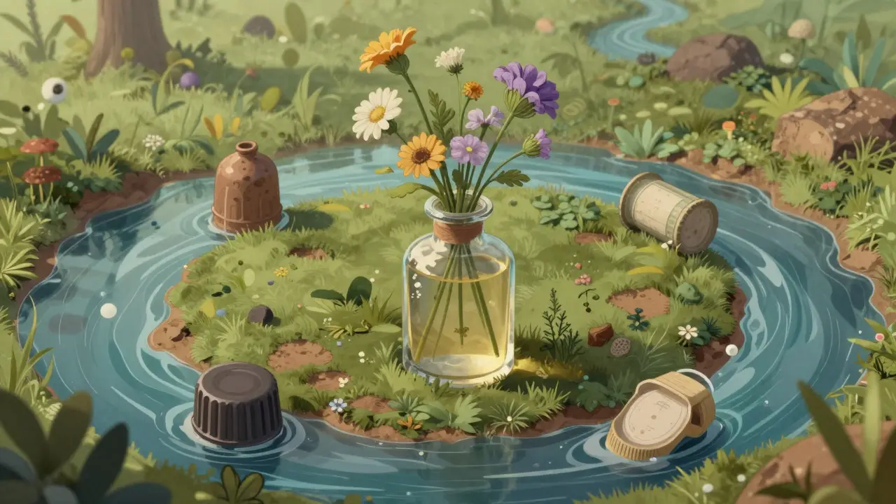 Skleněná lahvička upravená na vázu s květinami jako symbol recyklace