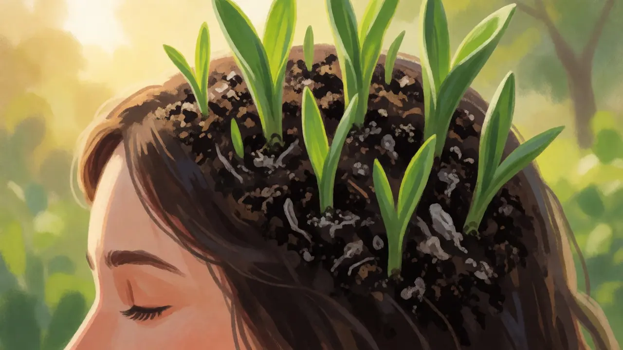 Konceptuální ilustrace pokožky hlavy jako úrodné zahrady pro růst vlasů