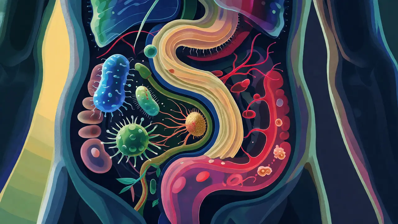 Konceptuální ilustrace rovnováhy bakterií ve stylizovaném lidském těle