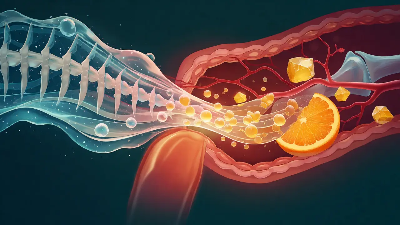 Konceptuální znázornění vstřebávání mořského kolagenu a vitamínu C do těla.