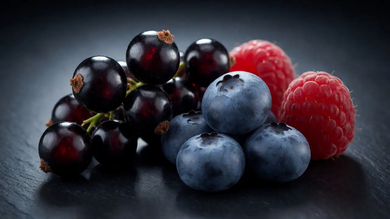 Makro fotografie tmavého rybízu, borůvek a malin na tmavém pozadí s kapkami vody.