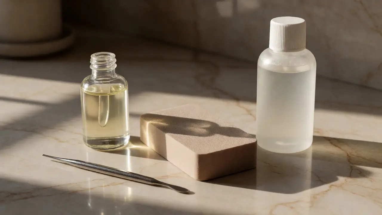 Minimalist arrangement of manicure tools including oil, pusher, and buffer on marble.
