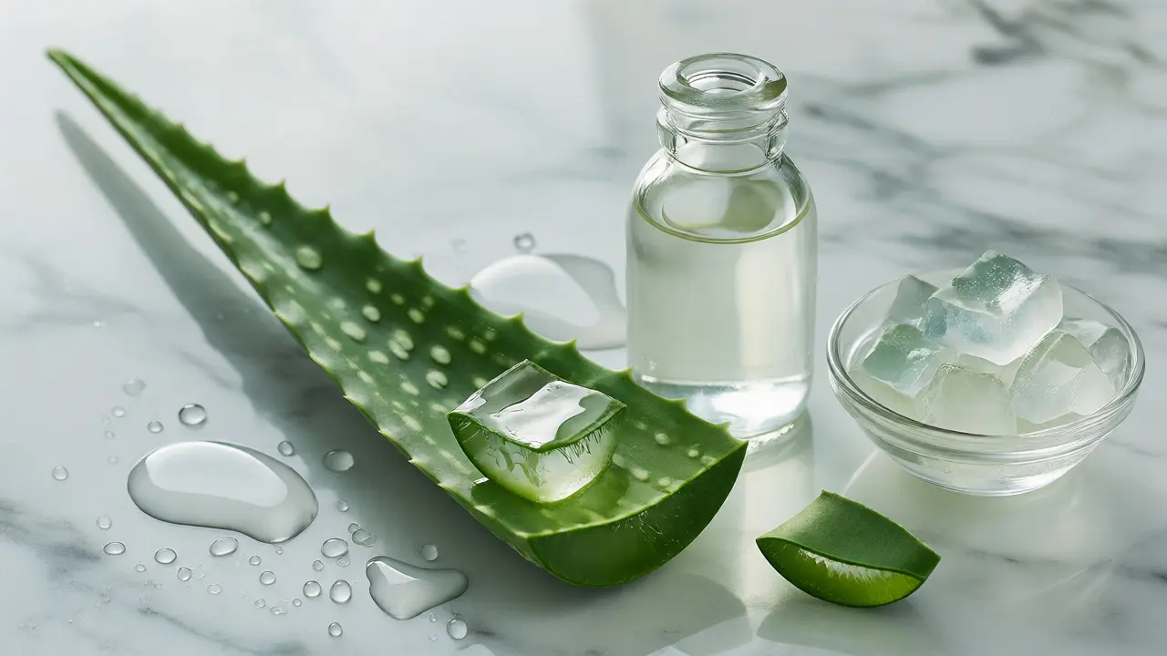 Stylizovaná scéna s otevřeným listem Aloe vera, sklenicí šťávy a kostkami gelu