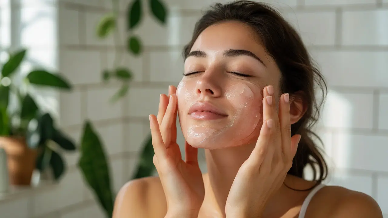 Žena aplikuje gel z Aloe vera na svou pleť v jasném koupelnovém prostředí