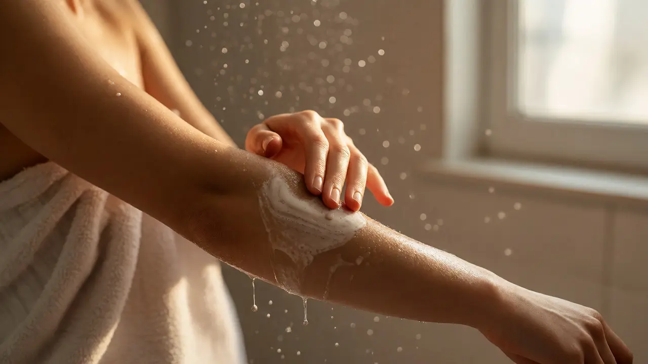 Aplikace hydratačního krému na vlhkou pokožku po sprše