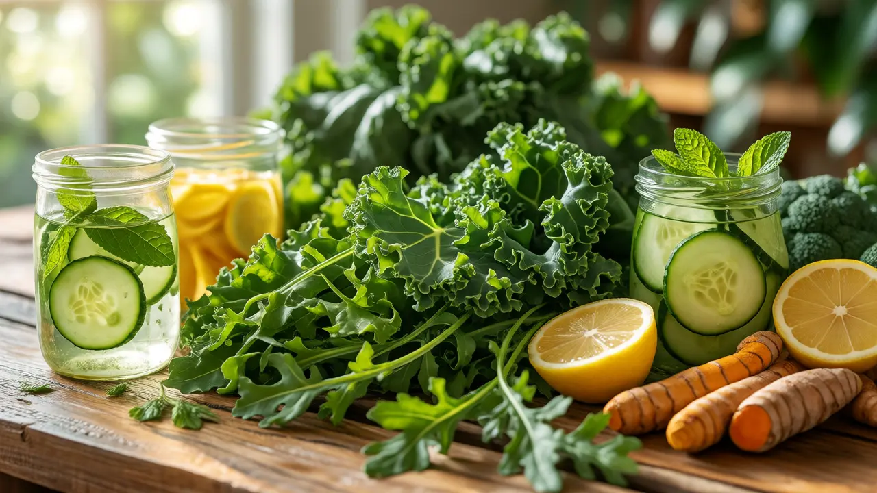 Čerstvé detoxikační potraviny na dřevěném stole ve slunečním světle.