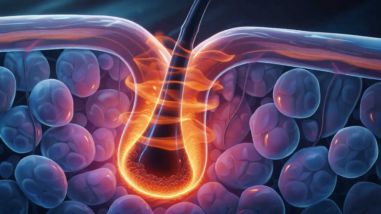 Ilustrace laserové energie cílící na vlasový folikul pod kůží